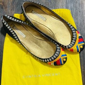 Cynthia Vincent Aztec Embroidered Leather Ballet Flats